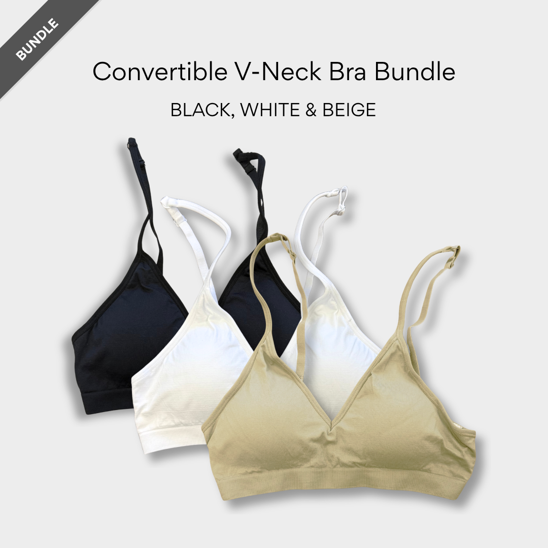Convertible V Neck Bra Bundle - Black, White & Beige