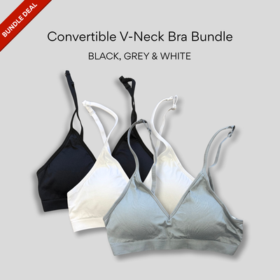 Convertible V Neck Bra Bundle - Black, White & Grey