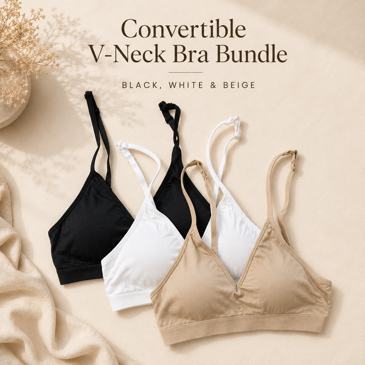 Convertible V Neck Bra Bundle - Black, White & Beige