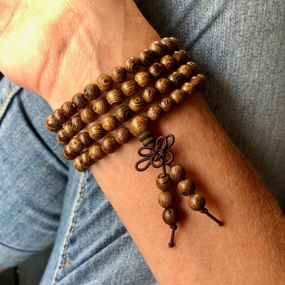 Patience, Onyx and Wood 27 Bead Unisex Wrap Mala Bracelet